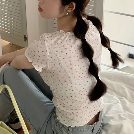 小花柄 ブラウス フリル リボン Tシャツ トップス ショート丈 スリムフィット レースアップ 半袖 レトロ 大人可愛い ガーリー カジュアル フェミニン DTCA-805742781968