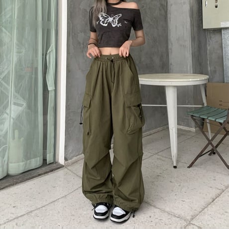 カーゴパンツ ワイドパンツ ミリタリーパンツ サイドポケット ウエストゴム レトロ 韓国ファッション レディース 大人可愛い ガーリー カジュアル DTC-678981935040
