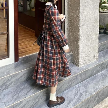 チェック柄 襟付き ワンピース 配色 ハイウエスト ロング丈 長袖 レトロ 韓国ファッション レディース 大人可愛い ガーリー DTC-661189634052
