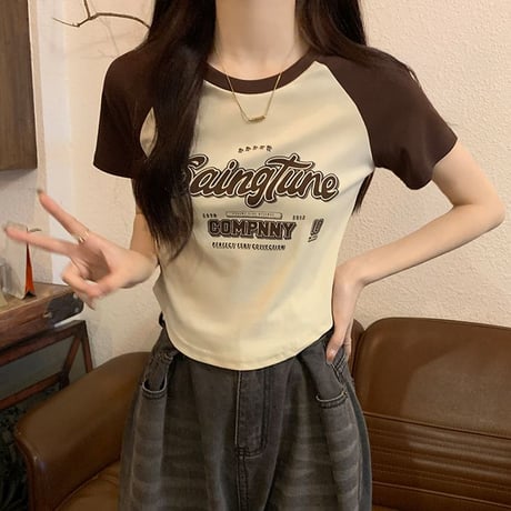 Tシャツ ラグランスリーブ ショート丈 スリムフィット 半袖 レトロ 韓国ファッション レディース カジュアル 大人可愛い ガーリー DTC-707882141171