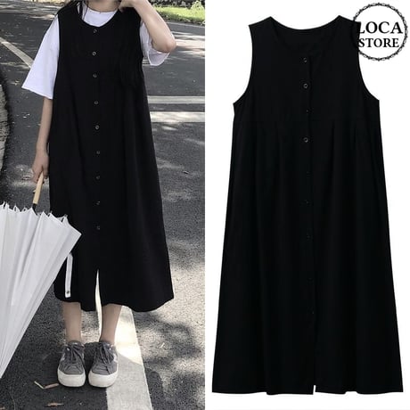 ワンピース ノースリーブ フロントボタン 韓国ファッション レディース シンプル シングルブレスト ガーリー DTC-599576065242
