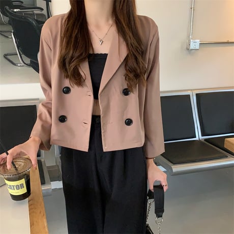 ショートジャケット ダブルブレスト 薄手 長袖 韓国ファッション レディース ジャケット カーキ ホワイト ブラック 大人可愛い ガーリーDTC-653592926591