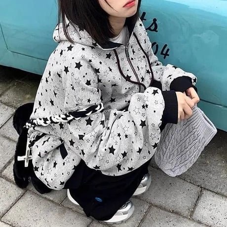 フーディー スター 星柄 ジップアップ パーカー トップス フード付き スウェット オーバーサイズ ゆったり 長袖 レトロ 大人可愛い ガーリー カジュアル DTCA-973274537522