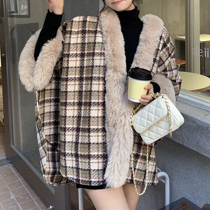 チェック柄 ファーケープコート ポンチョ ラビットファー もこもこ