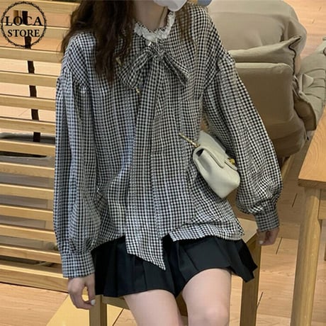 チェック柄 ブラウス ボウタイ リボン ルーズ 長袖 レトロ 韓国ファッション レディース 大人可愛い ガーリー フェミニン DTC-684117876396