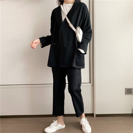 セットアップ 上下セット テーラードジャケット 9分丈パンツ 韓国ファッション レディース ジャケット ウエストゴム ゆるシルエット 春 秋 (DTC-600395425165)