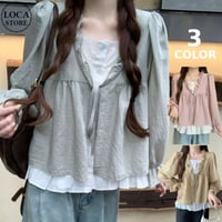 トップス ブラウス リボン フリル ペプラム Vネック ベルスリーブ 薄手 ゆったり 長袖 レトロ 大人可愛い ガーリー DTCA-962786389161