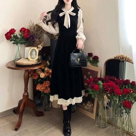 ワンピース リボン フリル パフスリーブ ボウタイ Aライン プリーツ ウエストマーク ロングワンピース ハイウエスト ロング丈 大人可愛い ガーリー フェミニン DTCA-732270351105