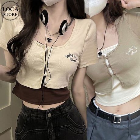 【2カラー】 フェイクレイヤード Tシャツ ショート丈 ロゴ 半袖 レトロ 韓国ファッション レディース 大人可愛い ガーリー DTC-769920832386