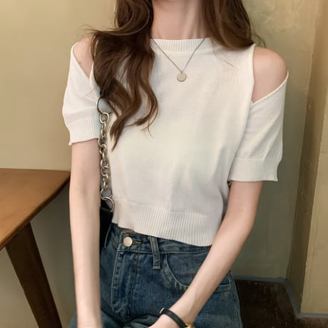 tシャツ オープンショルダー サマーニット 半袖 ショート丈 へそ出し 肩開き 肩出し 薄手 トップス 韓国ファッション レディース 大人可愛い ガーリー DTCA-640484604365
