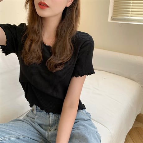 ウェーブヘム リブニット サマーニット Tシャツ 半袖 ラウンドネック トップス 韓国ファッション レディース カットソー シンプル 大人可愛い ガーリー DTC-639423318201