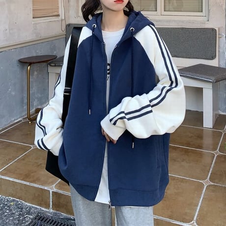 パーカー 袖ライン バイカラー ジップアップ 長袖 オーバーサイズ ゆったり レトロ 韓国ファッション レディース 大人可愛い ガーリー カジュアル DTC-656269992331
