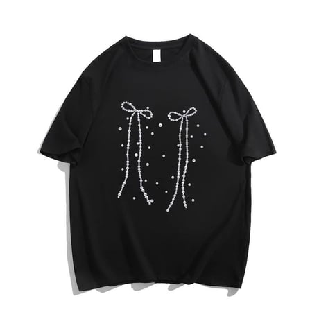 リボンプリント Tシャツ オーバーサイズ トップス ルーズ ゆったり 半袖 レトロ  大人可愛い ガーリー カジュアル フェミニン DTCA-780996917013