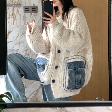 カーディガン ニット デニムミックス 異素材 オーバーサイズ 長袖 ルーズ ゆったり レトロ 韓国ファッション レディース 大人可愛い ガーリー カジュアル DTC-738962872965