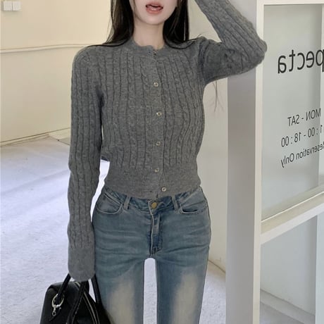 ニットカーディガン ケーブル編み スリムフィット ショート丈 ボタン 長袖 レトロ 韓国ファッション レディース 大人可愛い ガーリー DTC-749942244986