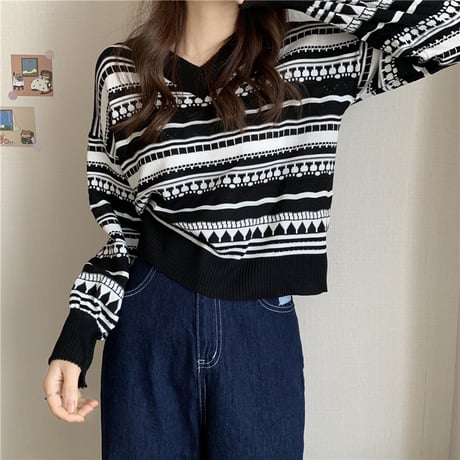 ニットセーター ジャカード Vネック ショート丈 長袖 ルーズ レトロ 韓国ファッション レディース 大人可愛い ガーリー DTC-658384210039
