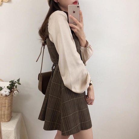 セットアップ 2点セット ブラウス ジャンパースカート チェック柄 ジャンスカ ミニワンピース シフォン Aライン くるみボタン長袖 レトロ 大人可愛い ガーリー DTCA-631671236016