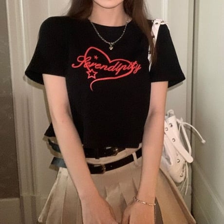 Tシャツ 半袖 クロップド丈 フロントプリント トップス ショート丈 クルーネック レトロ 韓国ファッション レディース 大人可愛い ガーリー カジュアル DTC-715352024731