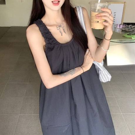 ノースリーブ ワンピース ギャザー ゆったりウエスト ロングワンピース Aライン 体型カバー ルーズ レトロ 大人可愛い ガーリー 韓国ファッション レディース DTC-809589554371