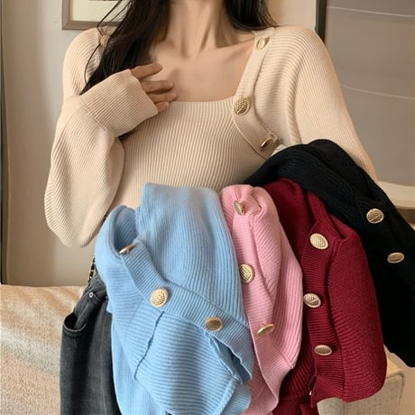 5カラー ニット セーター スクエアネック プルオーバー リブニット 長袖 レトロ 大人可愛い ガーリー DTC-653473629671