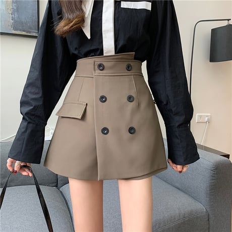 ショートパンツ スカート風 ダブルボタン ハイウエスト ショーパン 韓国ファッション レディース 大人可愛い ガーリー フェミニン DTC-655174488463