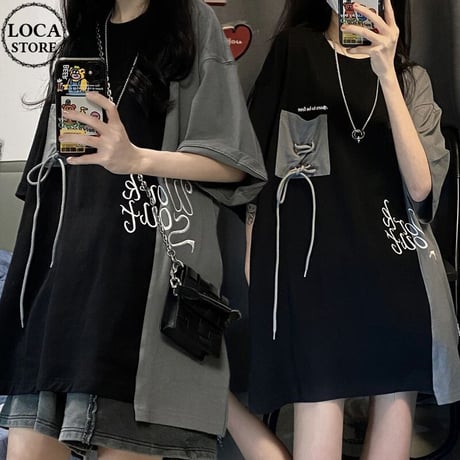 Tシャツ バイカラー 刺繍 シューレース 半袖 オーバーサイズ レトロ カジュアル 韓国ファッション レディース 韓国ストリートファッション DTC-675101274087
