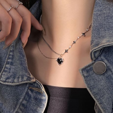 ブラックハート ネックレス 2連 チェーン ハートモチーフ スター ペンダント レディース アクセサリー 合金 DTC-688997188094