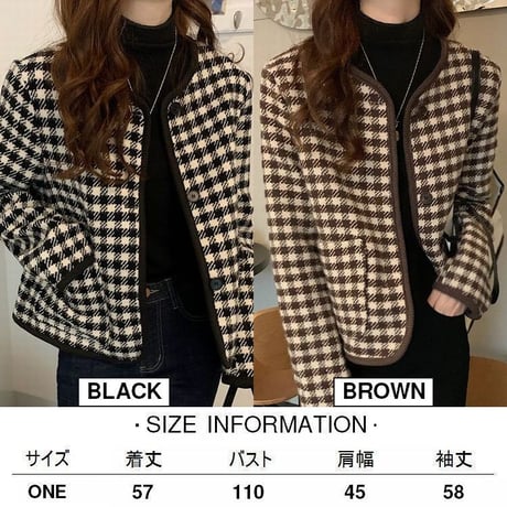 チェック柄 ショートジャケット ノーカラー 襟なし シングルブレスト 長袖 ルーズ レトロ 韓国ファッション レディース 大人可愛い ガーリ DTC-657458574513