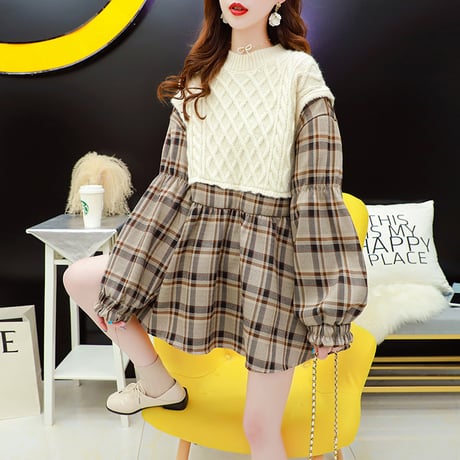ドッキングトップス ケーブル編み ニット ＋ チェック チュニック ブラウス 韓国ファッション レディース フェイクレイヤード 大人カジュアル ガーリー DTC-625594971753