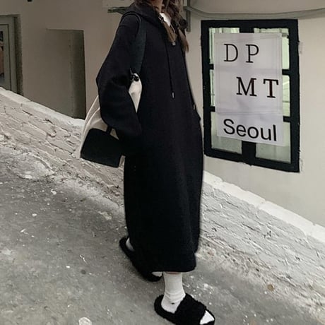 フード付きワンピース パーカーワンピース ロング丈 ゆったり ワンピース 長袖 レトロ 韓国ファッション レディース 大人可愛い ガーリー カジュアル DTC-658520152221