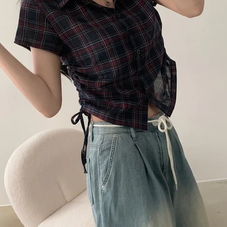 チェック柄シャツ サイドシャーリング トップス ショート丈 ドローストリング ドロスト チェックシャツ 半袖 レトロ 大人可愛い ガーリー カジュアル トレンド DTCA-925867914003