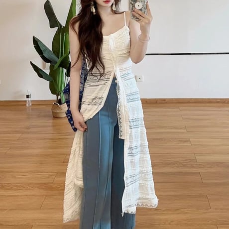 レース キャミソールワンピース キャミワンピース シアー フリル ロング丈 ルーズ レトロ 韓国ファッション レディース 大人可愛い ガーリー DTC-772945504323