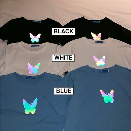 ユニセックス Tシャツ 反射光 バタフライ 半袖 ルーズ 韓国ファッション メンズ レディース トップス 大きめ カジュアル ストリートファッション DTC-617478923344