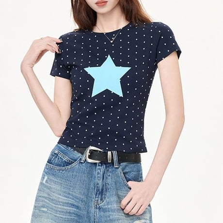 tシャツ ドット柄 スター 星 ショート丈 クルーネック タイト トップス スリムフィット タイトシルエット 半袖 レトロ 大人可愛い ガーリー カジュアル DTCA-1039930699153