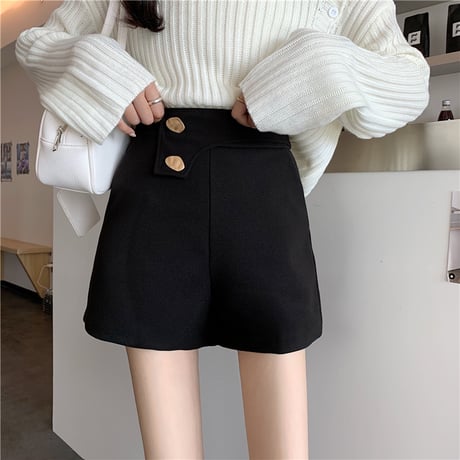 ショートパンツ ハイウエスト ボタン 韓国ファッション レディース ワイドレッグパンツ カジュアル 大人可愛い ガーリー DTC-631987259023