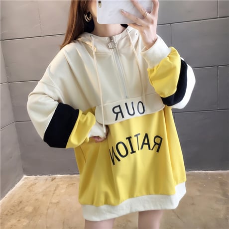プルオーバー パーカー バイカラー ハーフジップ 韓国ファッション レディース トップス ルーズ カジュアル ストリート系 大人可愛い ガーリー DTC-601854465577