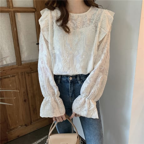 レース ブラウス トランペットスリーブ シフォン トップス ルーズ 長袖 韓国ファッション レディース 大人可愛い ガーリー フェミニン レトロ DTC-631535545769