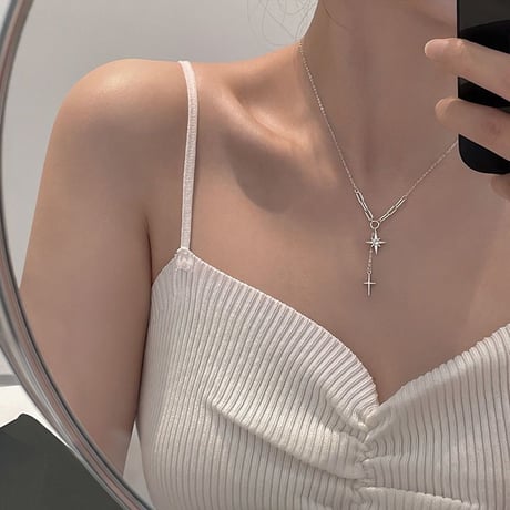 スター クロス ネックレス チェーン付き 六芒星 CZ キュービックジルコニア レディース ペンダント アクセサリー 合金 シンプル ジュエリー アクセサリー DTCA-656708770615