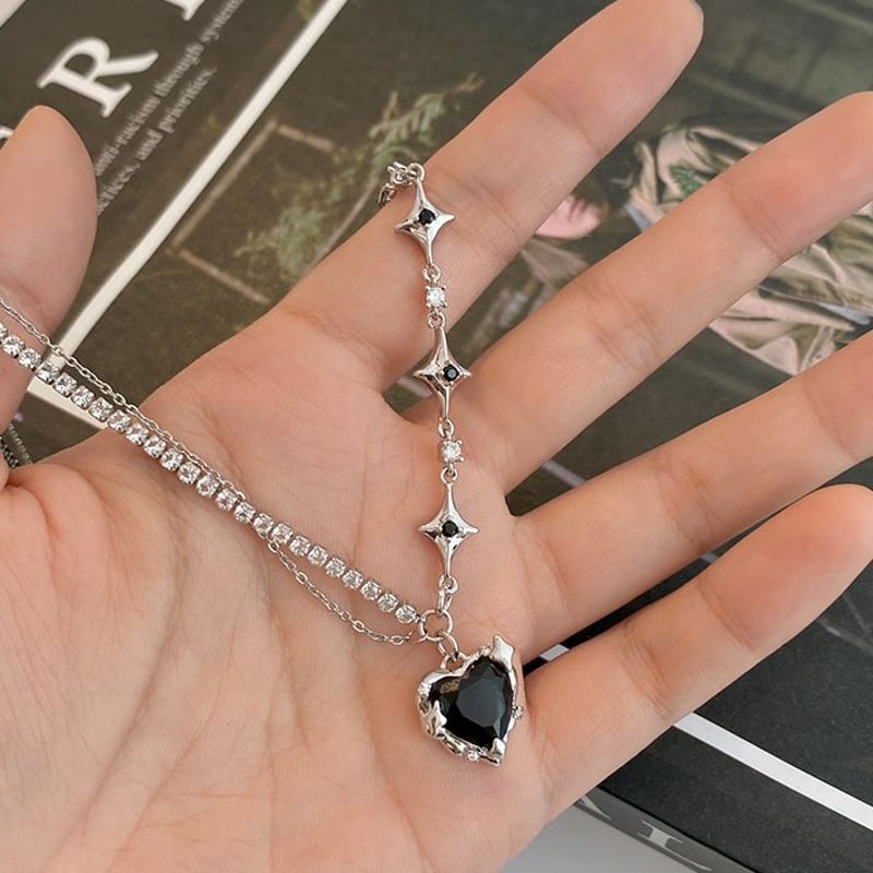 ブラックハート ネックレス 2連 チェーン ハートモチーフ スター ブラックハート ネックレス 2連 チェーン ハートモチーフ スター