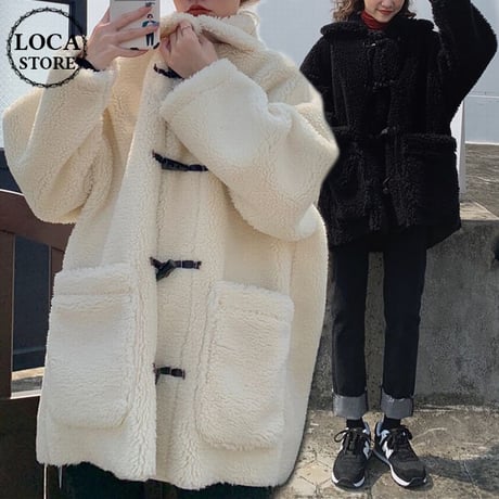 ボア ダッフルコート 韓国ファッション レディース もこもこ 防寒 ハーフコート アウター ホーンバックル ホワイト ブラック 秋冬 秋 冬 (DTC-606392362025)