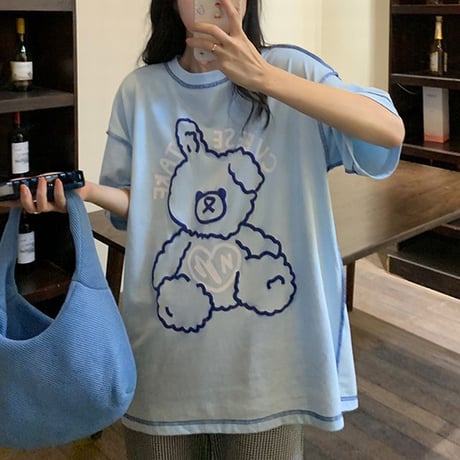 Tシャツ 半袖 クマちゃん ベアー ラウンドネック オーバーサイズ 韓国ファッション レディース 大きめ カジュアル ストリートファッション DTC-643069916522
