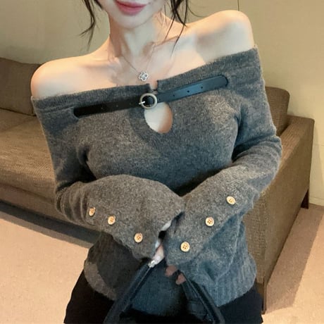 ベルトデザイン ニット カットアウト 胸あき オフショルダー オフショル スリムフィット タイト スリムニット トップス 長袖 レトロ 大人可愛い ガーリー DTCA-870321341966