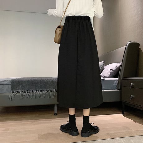 スプリットスカート Aライン ミドル丈 アプリコット ブラック 韓国ファッション レディース スカート クロッチスカート ハイウエスト 大人カジュアル かわいい ガーリー 626634086789