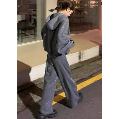セットアップ 上下セット スウェット グリッター ビジュー パーカー ジップアップ スウェットパンツ 長袖 ルーズ レトロ 大人可愛い ガーリー カジュアル DTCA-825745617712