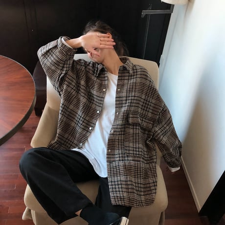 チェック柄 シャツ ルーズ レディース アウター オーバーサイズ シンプル 長袖 大人カジュアル 春 秋 韓国 韓国ファッション (DTC-603916094881)