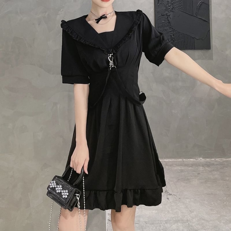 2カラー】 ワンピース フリル襟 ストラップ ハイウエスト Aライン 半袖  