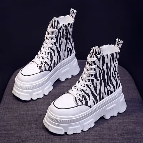 厚底 キャンバススニーカー ハイカット 22.5～24.5cm シューレース サイドファスナー ゼブラ柄 ベーシック カジュアル 大人可愛い ガーリー DTC-650901386927