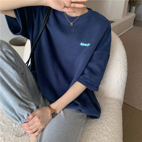 tシャツ ワンポイント バックプリント オーバーサイズ 半袖 ドロップショルダー クルーネック シンプル ルーズ レトロ 大人可愛い ガーリー カジュアル DTCA-645393552994
