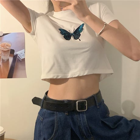 バタフライ Tシャツ クロップド丈 半袖 ホワイト 蝶 白 ショート丈 かわいい レトロ 韓国ファッション レディース 大人可愛い ガーリー DTC-615160318594_wt