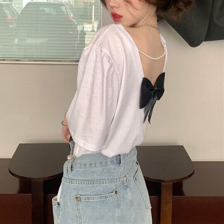 バックリボン Tシャツ 背中魅せ バックデザイン イミテーションパール 半袖 韓国ファッション レディース トップス リボン 肌魅せ 薄手 大人可愛い ガーリー DTC-641465921361